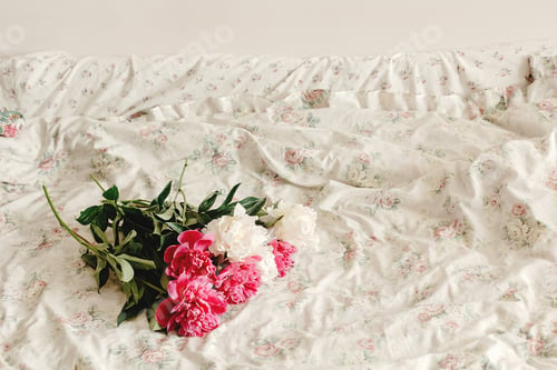 Preview: beautiful colorful peony bouquet on floral bed in the morning