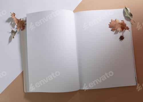 Preview: Composition of opened book with blank pages decorated with dry leaves on white and beige