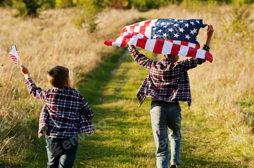Preview: Two brothers running with USA flag. America holiday. Proud to be children of country.