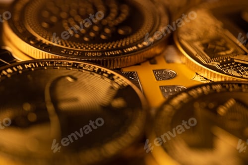 Preview: top view macro closeup of crypto bitcoin silver coin on top of other cryptocurrency coins