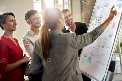 Preview: Team of entrepreneurs cooperating while working on new ideas on whiteboard in the office.