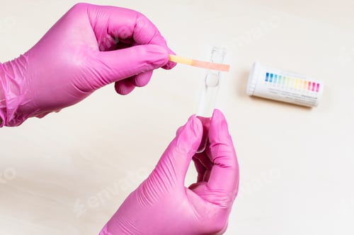 Preview: hands holding glass tube and pink litmus test