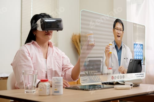Preview: asian woman telemedicine doctor online visit with virtual reality technology vr glasses at home