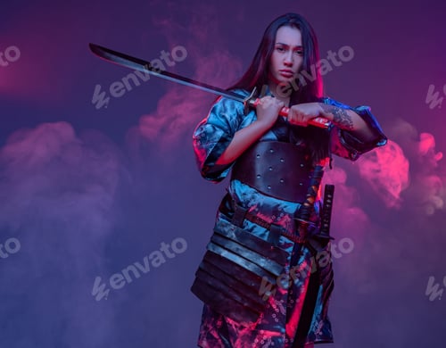 Preview: Tattooed cyberpunk woman samurai with steel sword