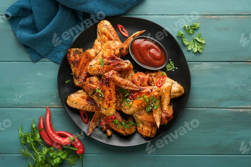 Preview: Chicken wings. Grilled or baked chicken wings with sesame seeds and ketchup or spicy tomato sauce on