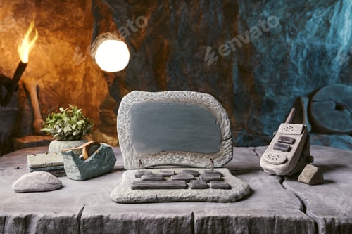 Preview: Prehistoric laptop computer made of stone on a desk