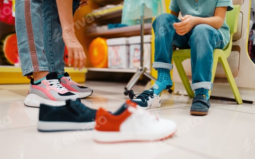 Preview: Mother with children choosing shoes in kids store