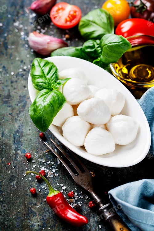 Preview: Mozzarella with tomatos and basil leaves