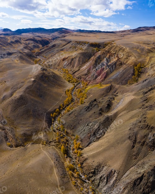 Preview: Red Hills of Clay, Mountains, and Larches in Autumn. Aerial View. Mars. The Altai Mountains, Russia