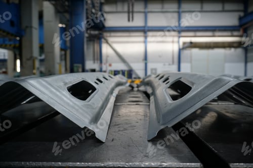 Preview: Closeup of spare parts of a car body in a garage