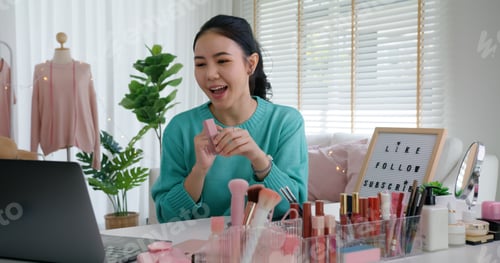 Preview: Asia woman micro influencer record live viral video camera at home studio