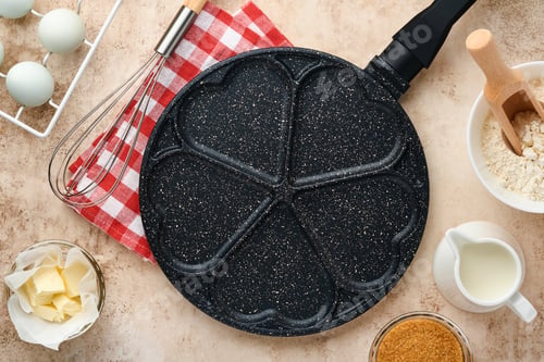 Preview: Empty frying pan black, skillet with stone nonstick coating for baking pancakes in shape of breakfas