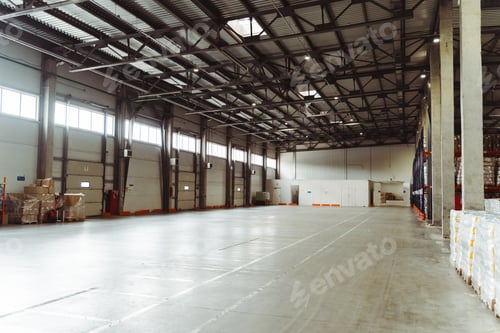Preview: Light, warehouse building, warehouse for storing goods. Concept of logistics, delivery, distribution