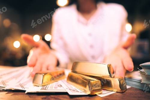 Preview: shiny gold bar arrangement in a row. Business Gold future and financial concept, world economics