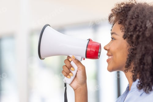 Preview: Business black african woman shouting on the megaphone. making Comment, reply, fail, notice and