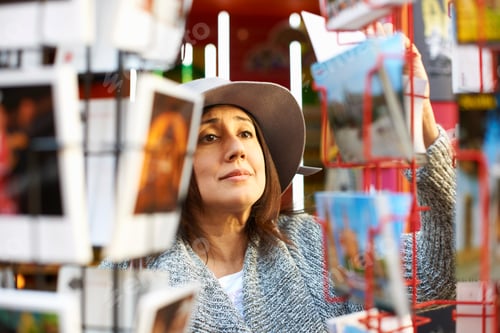 Preview: Woman looking at postcards in shop