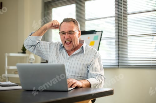 Preview: Old white caucasian man with glasses raising a fist while looking at laptop on office working table.