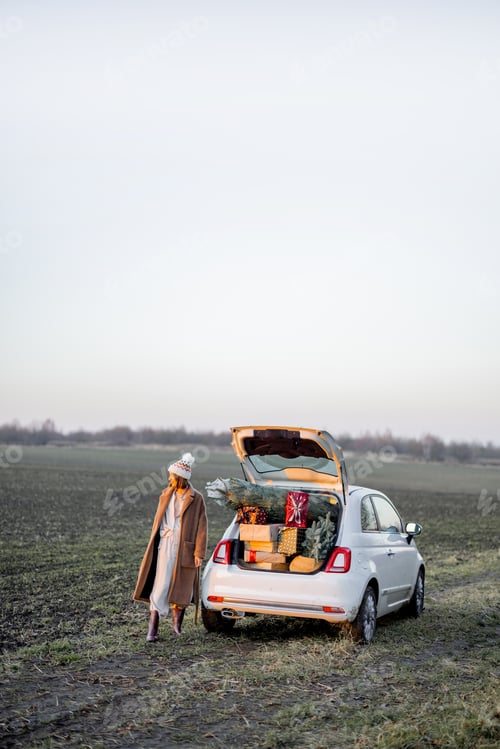 Preview: Woman and car full of New Year giftboxes on nature