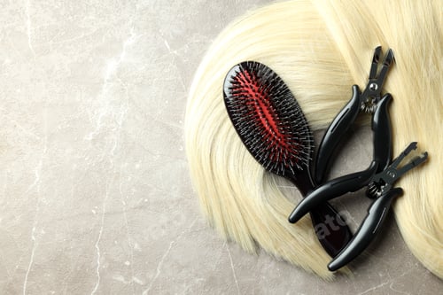 Preview: Composition with hair extension accessories on gray textured background