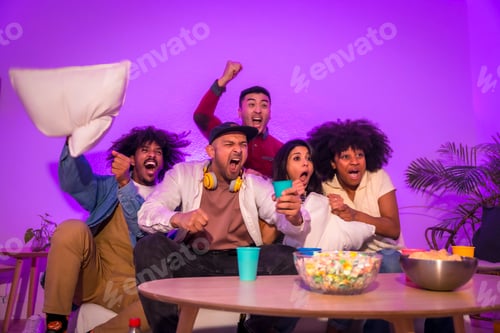 Preview: people sitting on the sofa watching a football game. soccer, purple led, celebrating a goal