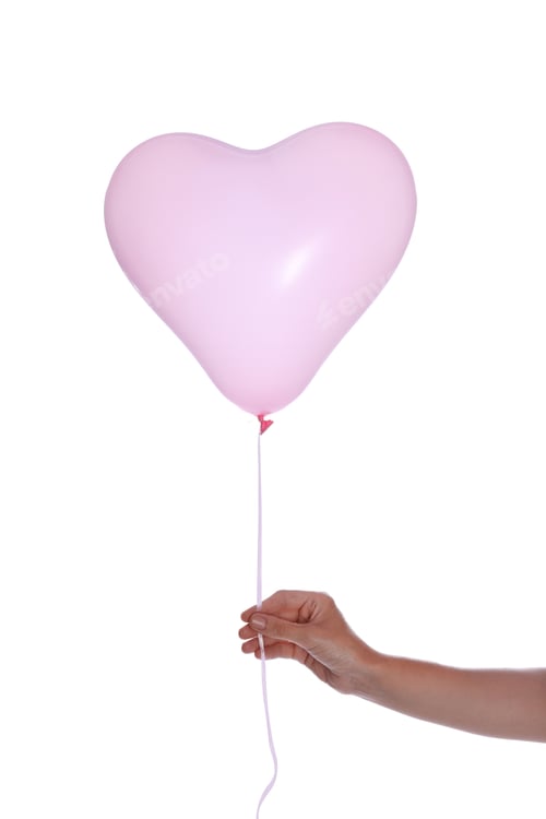Preview: Woman holding heart shaped balloon isolated on white, closeup