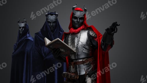 Preview: Haunted occultist with book and two members of cult
