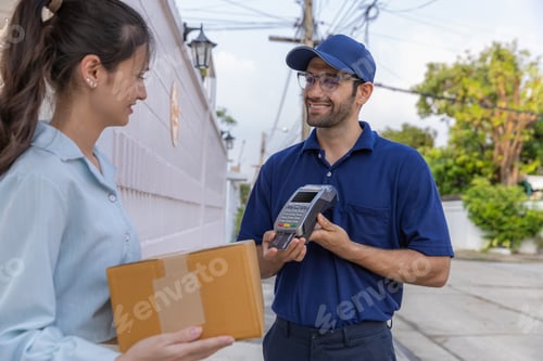 Preview: Delivery express courier young man use giving boxes or Food to woman customer at front home