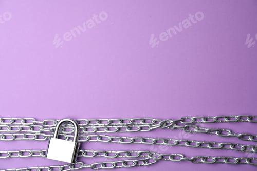 Preview: Steel padlock, chains and space for text on purple background, flat lay. Safety concept