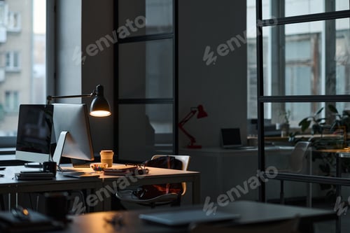 Preview: Workplace of developer in dark office