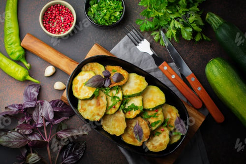 Preview: Fried zucchini with red hot pepper, basil and parsley in a cast-iron frying pan on old dark backgrou