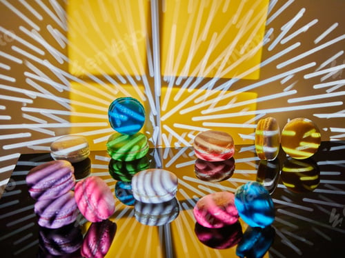 Preview: An assortment of bright macarons of different colors is displayed on a glass surface
