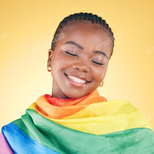 Preview: African woman, lgbt flag and studio with smile, thinking and eyes closed for inclusion by yellow ba