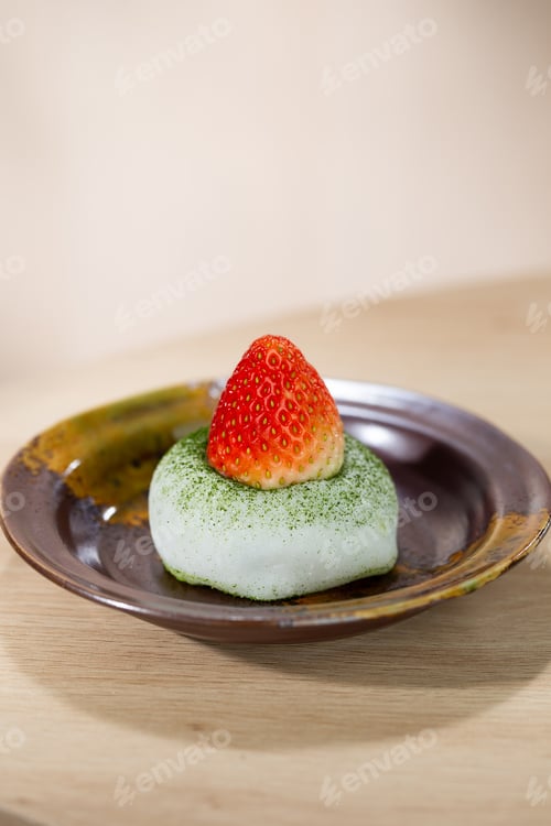 Preview: Matcha Green Tea Mochi with Fresh Strawberry Topping on Ceramic Plate