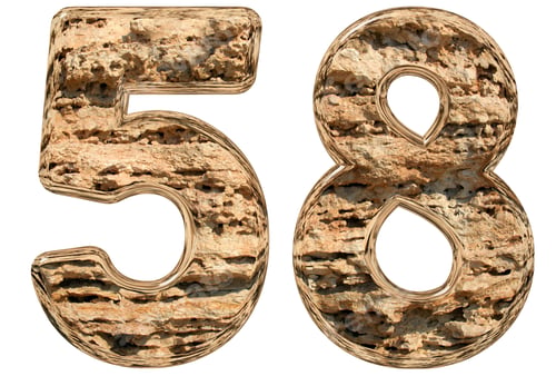 Preview: Numeral 58, fifty eight, isolated on white, natural limestone, 3d illustration