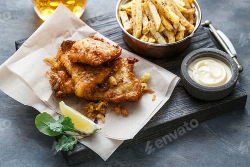 Preview: British Traditional Fish and chips with tartar sauce on crumpled paper.