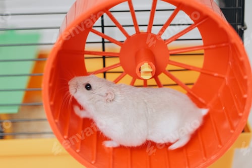Preview: White hamster running in orange wheel inside yellow cage