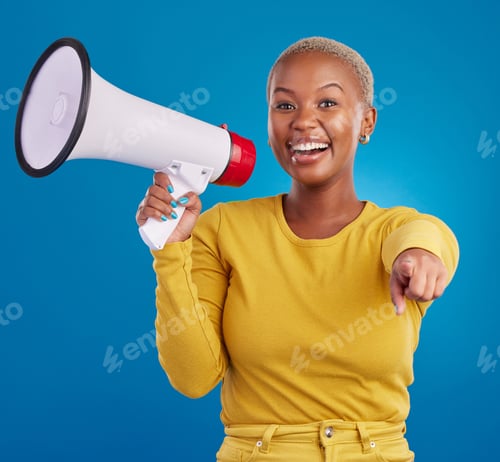 Preview: Black woman, megaphone and pointing, protest and voice, freedom of speech and activism on blue back