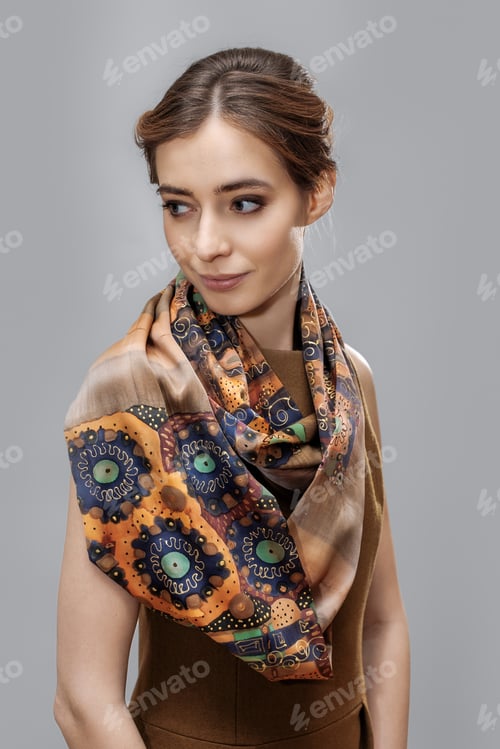 Preview: Beautiful fashion model posing with colorful silk scarf