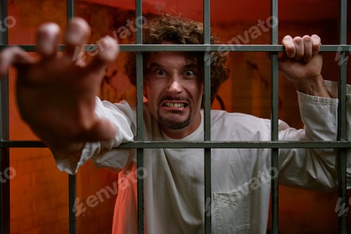 Preview: Angry crazy man prisoner and psychiatric hospital patient in cage