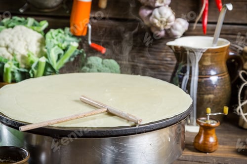 Preview: Homemade baking pancakes in the countryside on old wooden table