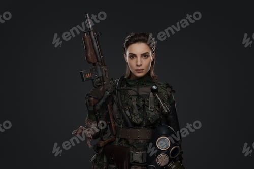 Preview: Portrait of a female soldier holding a homemade automatic rifle