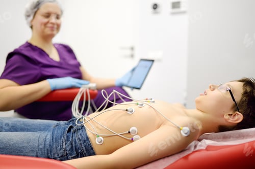 Preview: Child under ECG test with doctor. Boy patient lying in medical bed with vacuum sensors.