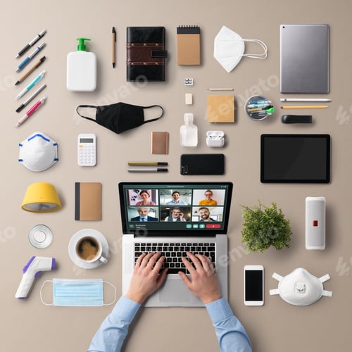 Preview: Flat lay top view desk working space with laptop, video call, home office and coronavirus concept.