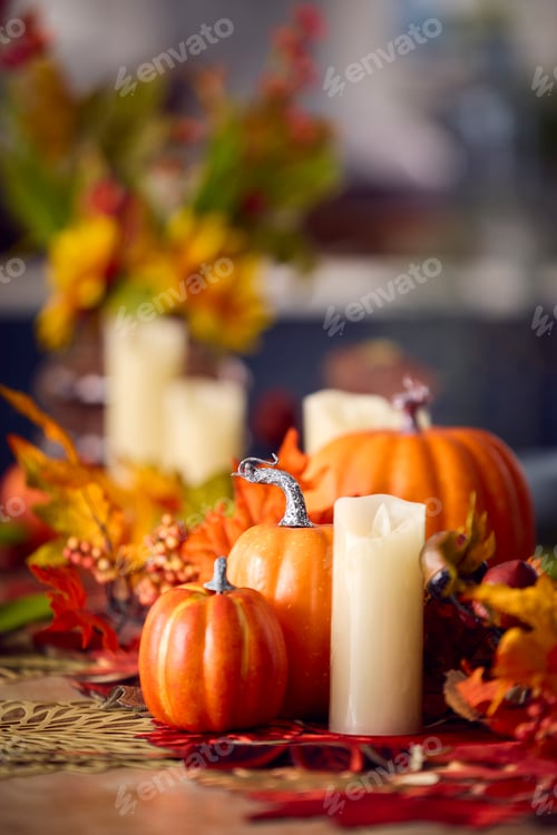 Preview: Autumn Or Fall Table Decoration At Home With Pumpkins Candle And Leaves