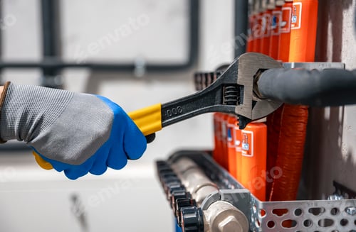 Preview: Male hands with a wrench turning off valves.