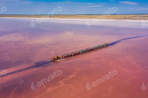 Preview: Aerial view of a lake train in the crimson salt lake, Altai