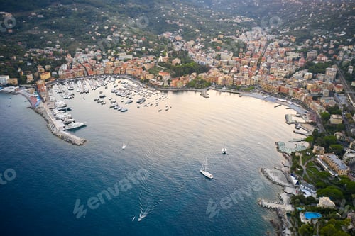 Preview: Aerial view of harbor with moored white yachts and boat in Santa Margherita Ligure near Portofino