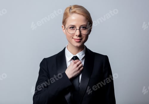 Preview: businesswoman in a classic black business suit and glasses