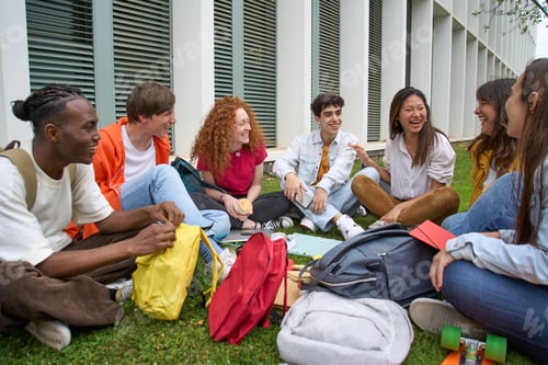 Preview: Group cheerful students gathered together outdoors. Multiracial college classmates enjoy recreation.