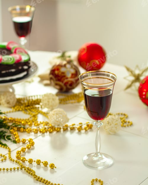 Preview: Glass Of Red Wine And A Cake. Top View. Food Background Copy Space